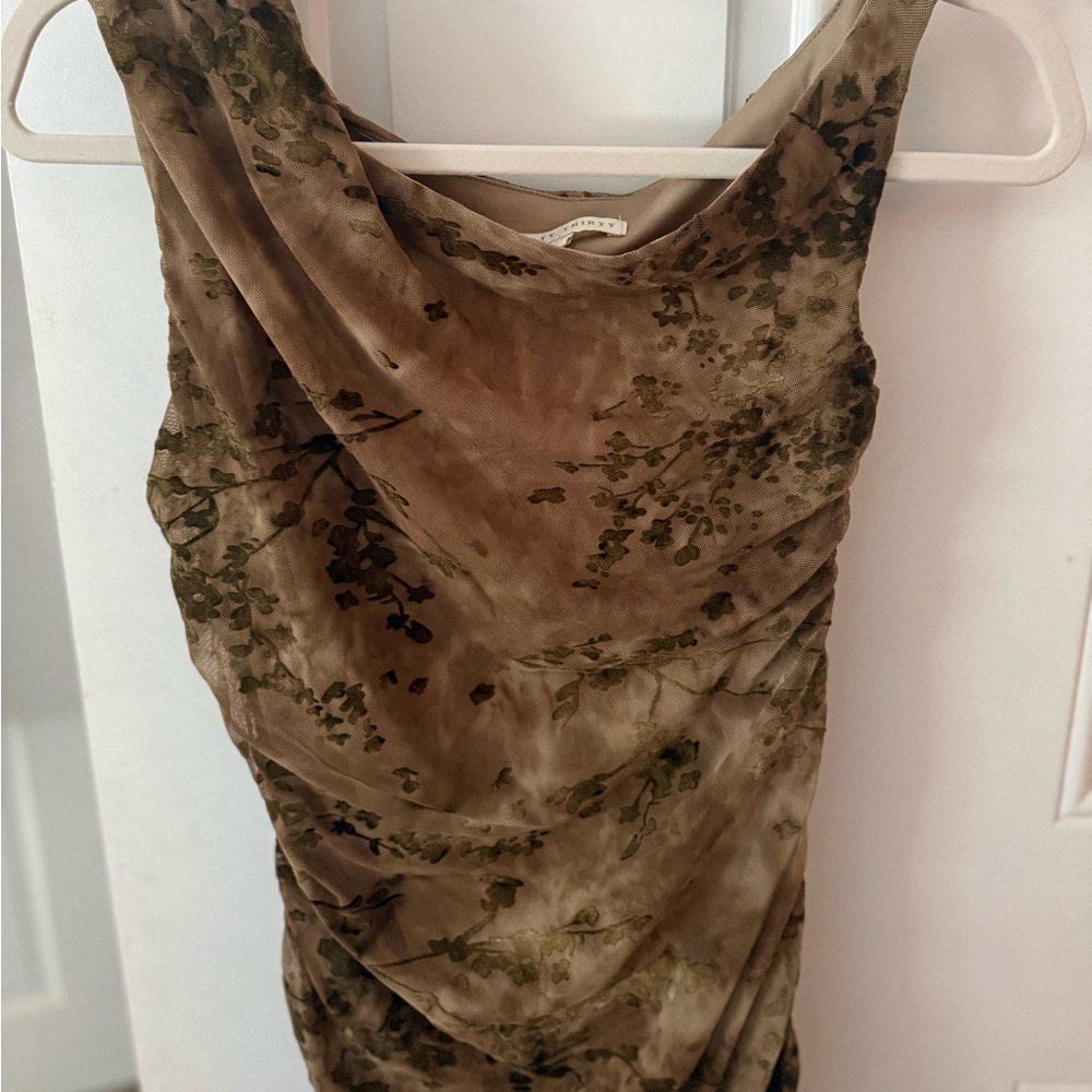 One-Shoulder Olive Green Floral Draped Dress